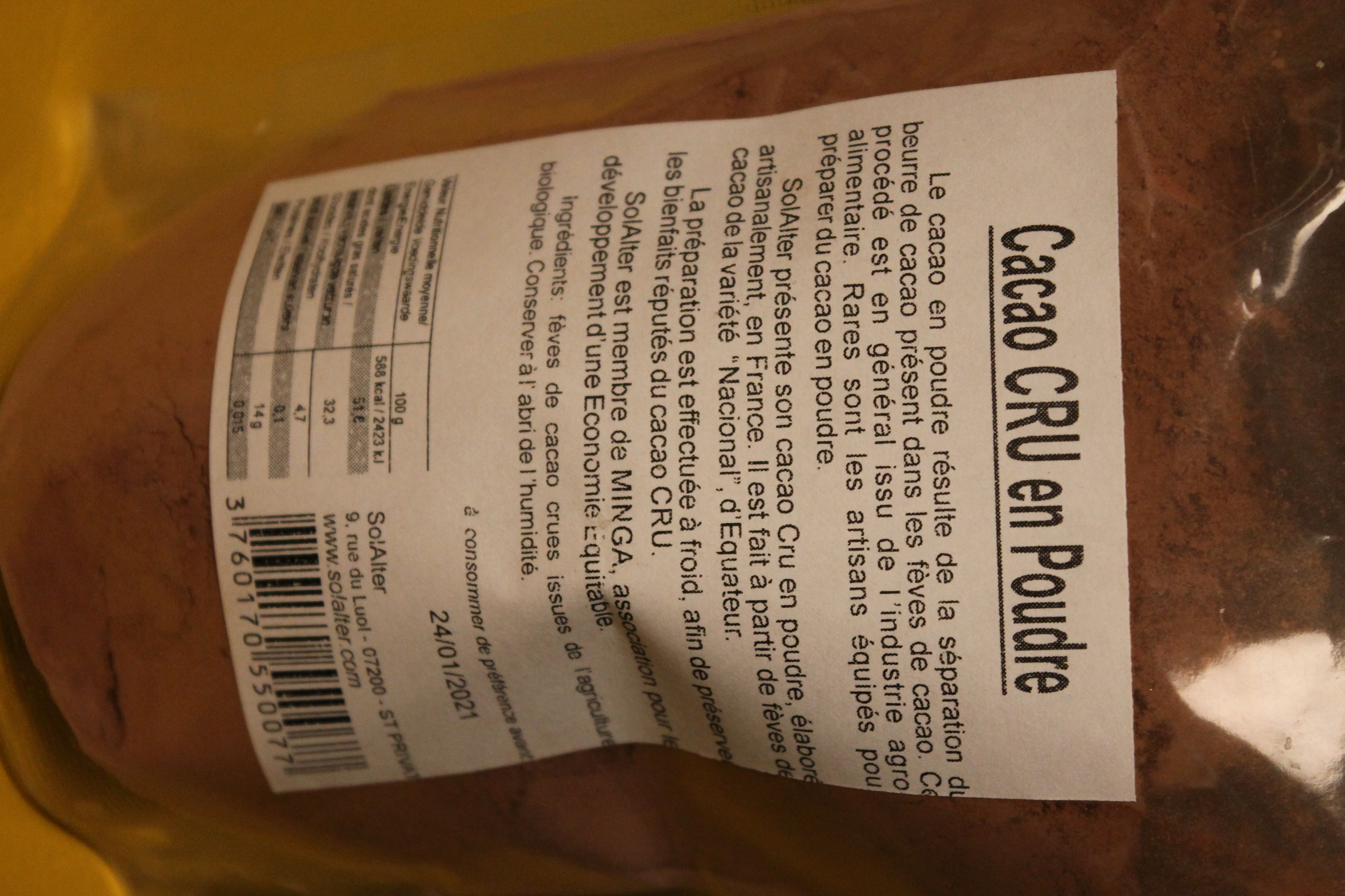 SOL ALTER - Poudre de cacao cru (étiquette)