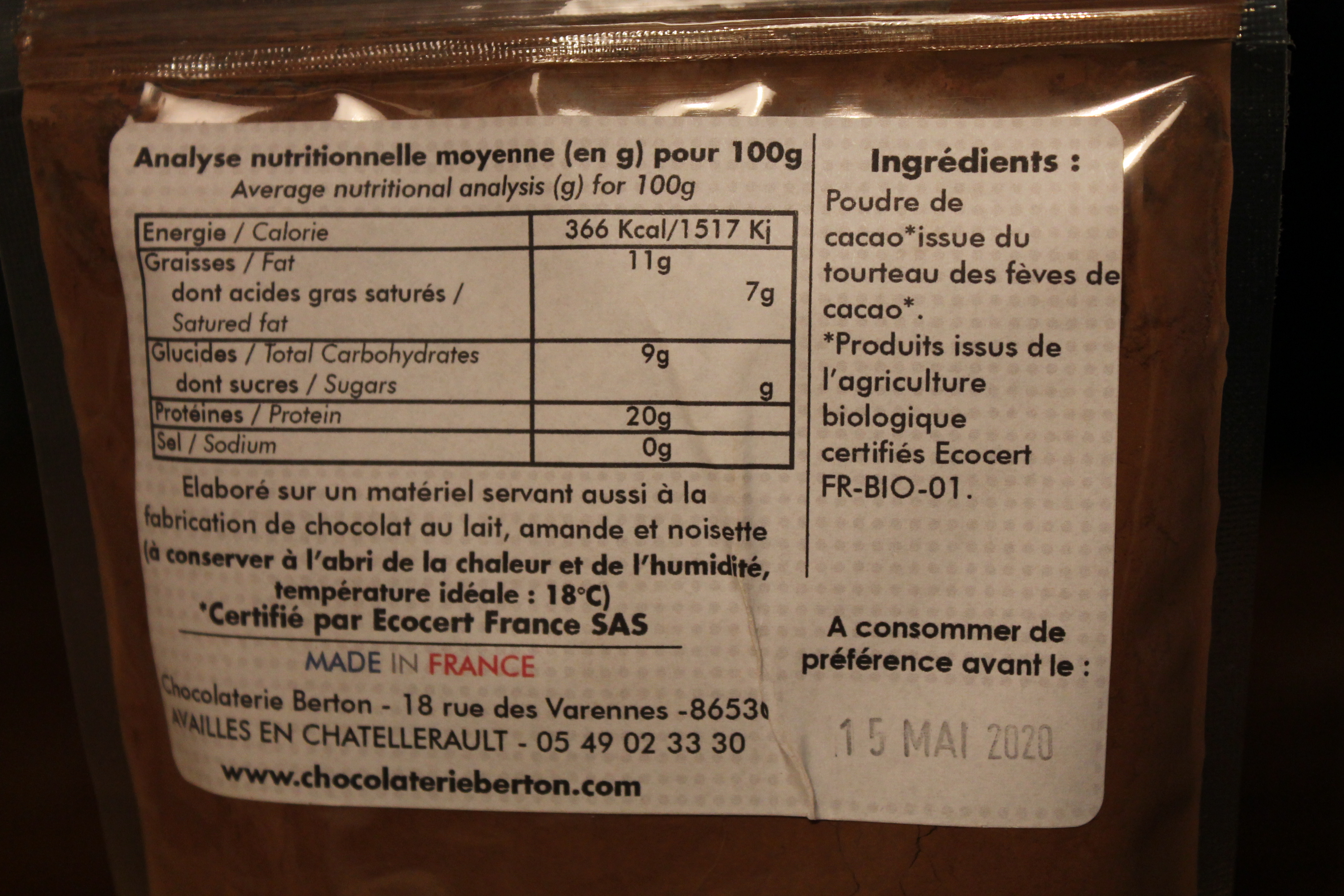 BERTON CHOCOLATERIE - Poudre de cacao (étiquette)