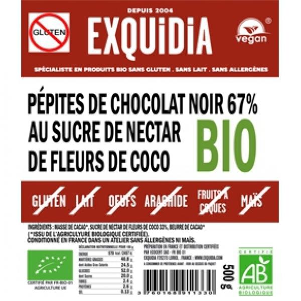 EXQUIDIA - Pépites de chocolat noir 67% sucre de nectar fleur de coco