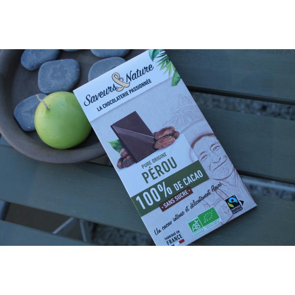 SAVEURS & NATURE – Tablette Pure Origine Pérou 100% de cacao sans sucre 
